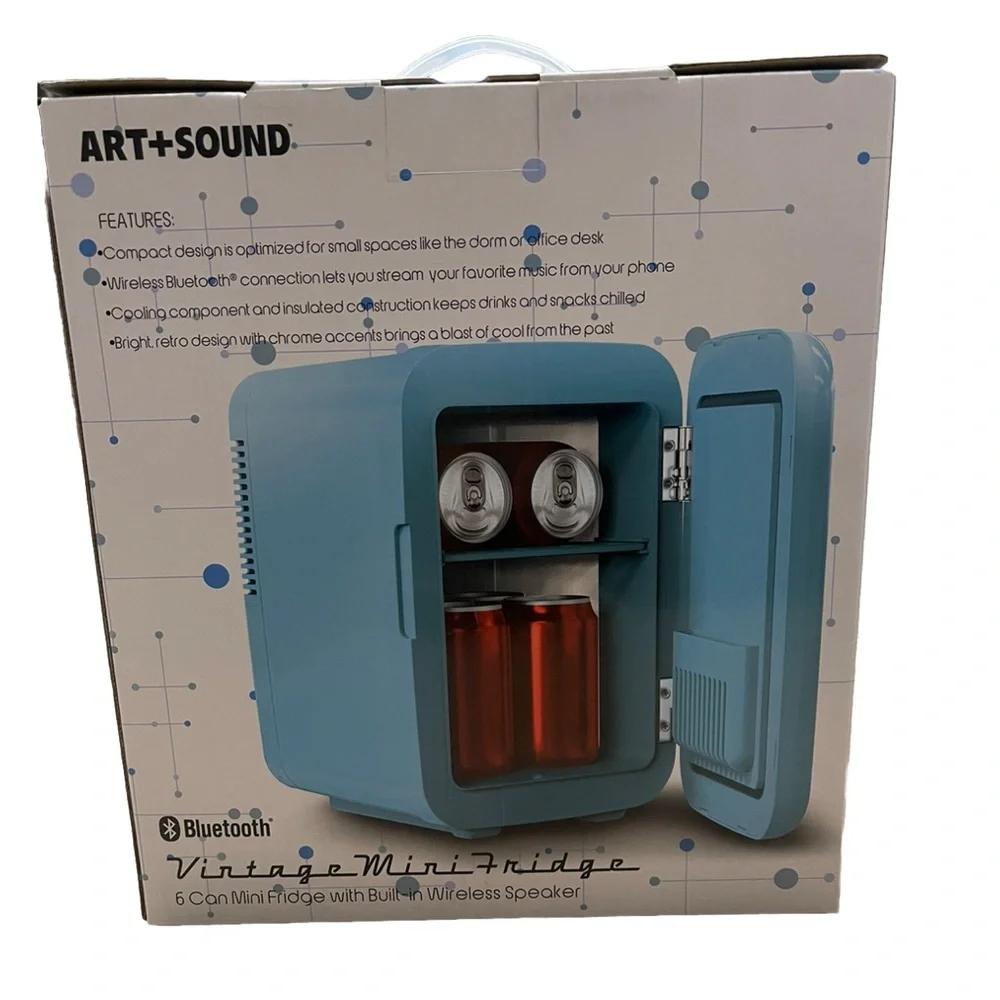 ARTSOUND Vintage-Like Mini 6 Can Fridge with Built In Wireless Speaker Blue